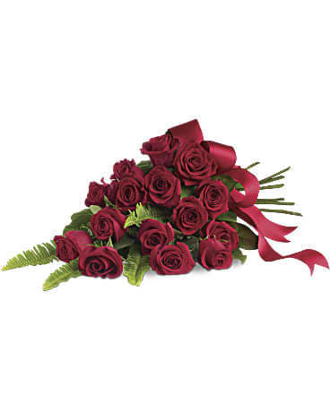 Rose Impression - Express your sympathy with an elegant all red rose bouquet (also comes in pink, white, or yellow) hand-tied with a satin ribbon. Heartfelt in its simplicity, this small spray of traditional funeral flowers is perfectly paired with soft green sword fern. Eighteen classic red roses, hand-tied with generous yards of satin ribbon.