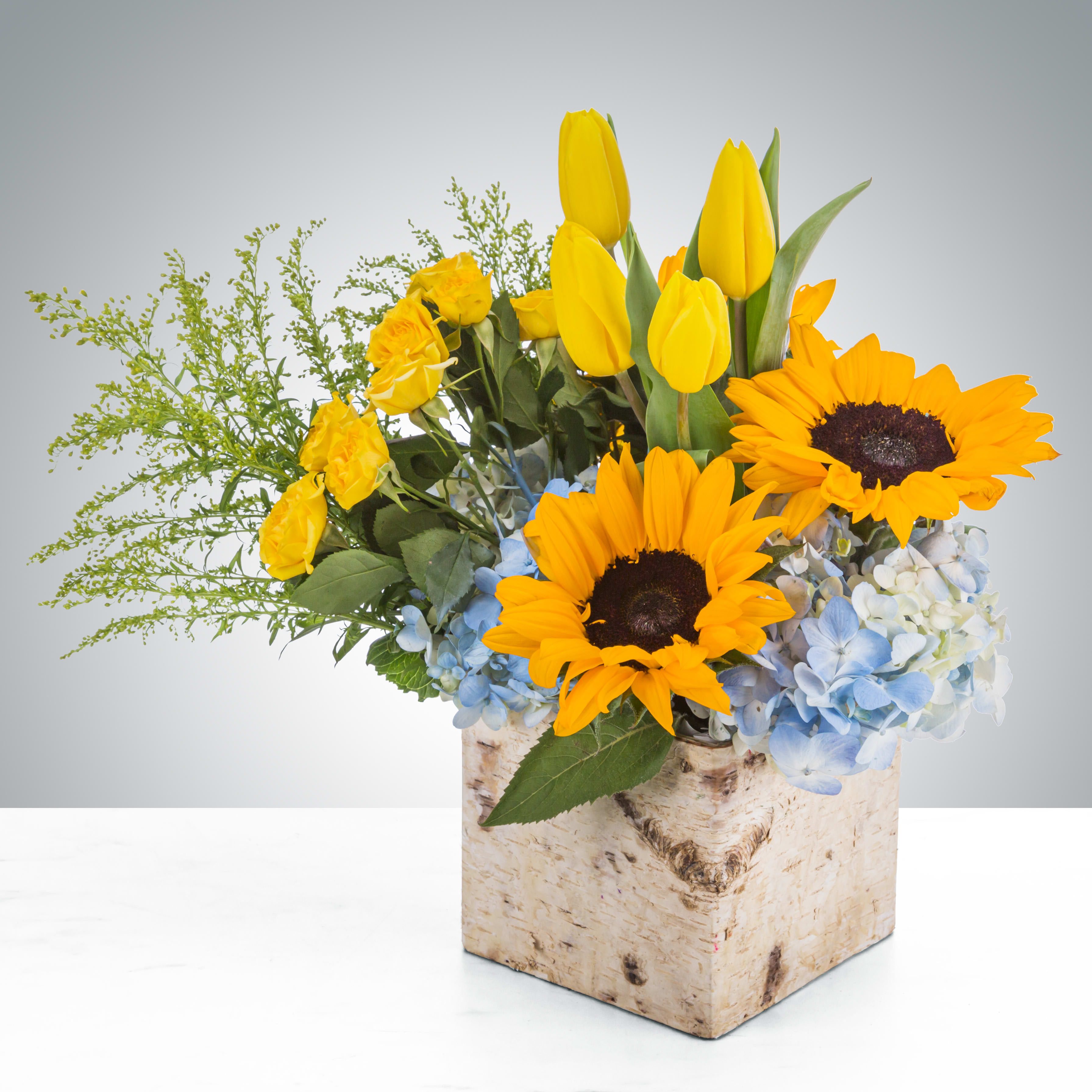 Cutie Pie Cutie Pie - Send this to the cutie in your life! Great for a new baby, a birthday, or just cheering somebody up! This summertime arrangement with sunflowers, tulips, and yellow roses lights up any space. Approximate Dimensions: 15"D x 13"H