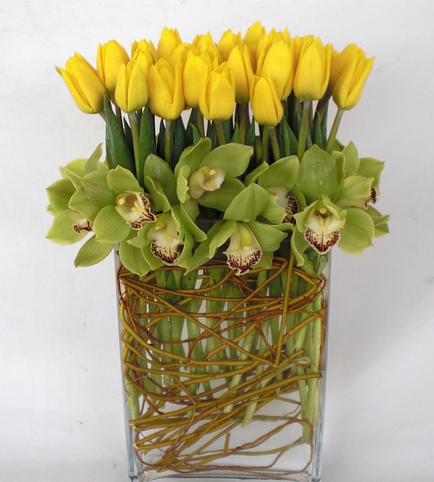 Yellow Tulip Garden - Simple and beautiful yellow tulips with cymbidium orchid blooms.  This simple yet elegant floral arrangement is a perfect combination of yellow tulips and cymbidium orchid blooms. The tulips, with their delicate petals and bright yellow color, add a touch of spring and cheer. The cymbidium orchids, with their exotic blooms and vibrant colors, add a touch of luxury and sophistication.  Together, these flowers create a truly stunning arrangement that is sure to turn heads. It is a perfect gift for any occasion, from a birthday or anniversary to a thank-you or just-because gift. It would also make a lovely centerpiece for any special event.  Here are some additional details about the flowers in this arrangement:  Yellow tulips: Yellow tulips are a symbol of happiness, friendship, and new beginnings. They are also associated with sunshine and warmth. Cymbidium orchids: Cymbidium orchids are a symbol of beauty, elegance, and luxury. They are also associated with prosperity and good fortune. Together, these flowers create a truly special arrangement that is sure to bring joy to all who see it.