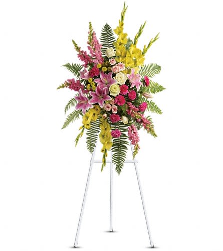 Rays of Light Spray - This stunning spray is a beautiful and touching display of your sympathy and devotion. A lovely composition of flowers such as green roses gladioli and button spray chrysanthemums pink spray roses and carnations light pink oriental lilies and snapdragons are arranged with a mix of beautiful greenery in a standing spray of flowers that's delivered on an easel.Approximately 29&quot; W x 46&quot; H Orientation: One-Sided As Shown : T246-4A