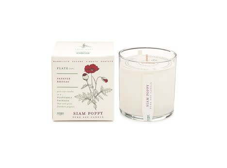 Kobo Siam Poppy Candle - These specialty pure soy candles are made with realistic scents that come in plantable boxes that are seed infused to plant indoor or outdoor. These are 9 oz candles.