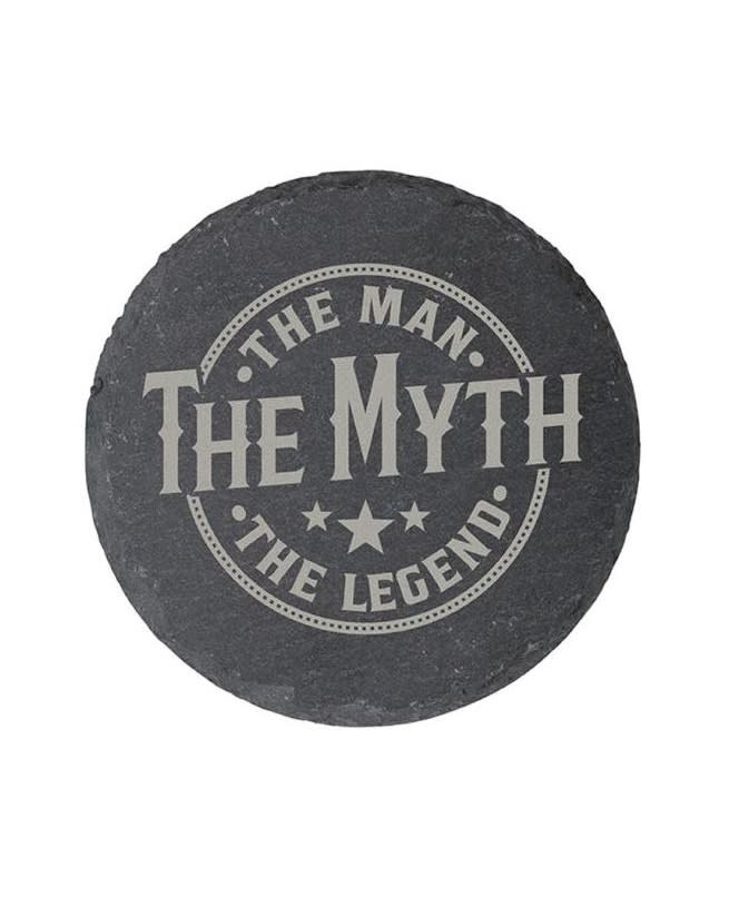 The Legend Coaster Set (4pc) - This coaster set is made of real laser etched slate with rubber feet to prevent slipping or sliding. Works for both hot and cold drinks. Each set comes 4 coasters with the same art. Text reads &quot;The Man, The Myth, The Legend.&quot;