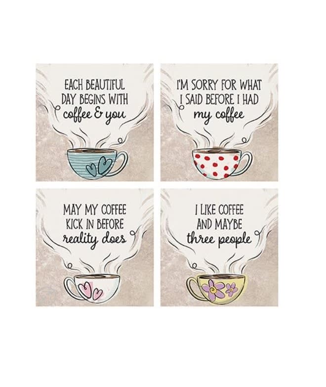 Cute Coffee Coaster Set (4pc) - These square coasters are made from absorbent stoneware with a natural cork back. Will work for hot and cold beverages. These are designed, printed and packaged in the USA. All 4 pieces of this set have unique images and text.