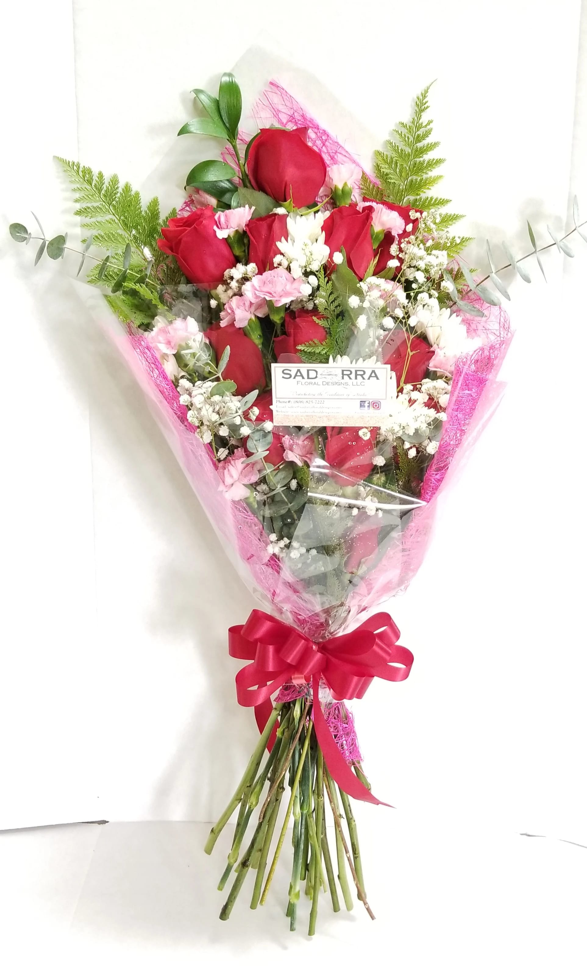 “I Love You!” Pagent Style Bouquet  - Asian Style Hand Held Dozen Roses with an array of Mini Carnations, White Pompoms, Baby’s breath &amp; Greenery Bouquet. *vase not included