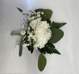 SINGLE LARGE CARNATION BOUTONNIERE SINGLE LARGE CARNATION BOUTONNIERE - SINGLE LARGE CARNATION (RED, WHITE, OR LIGHT PINK), WITH GREENS, BABIES BREATH AND YOUR CHOICE OF RIBBON.