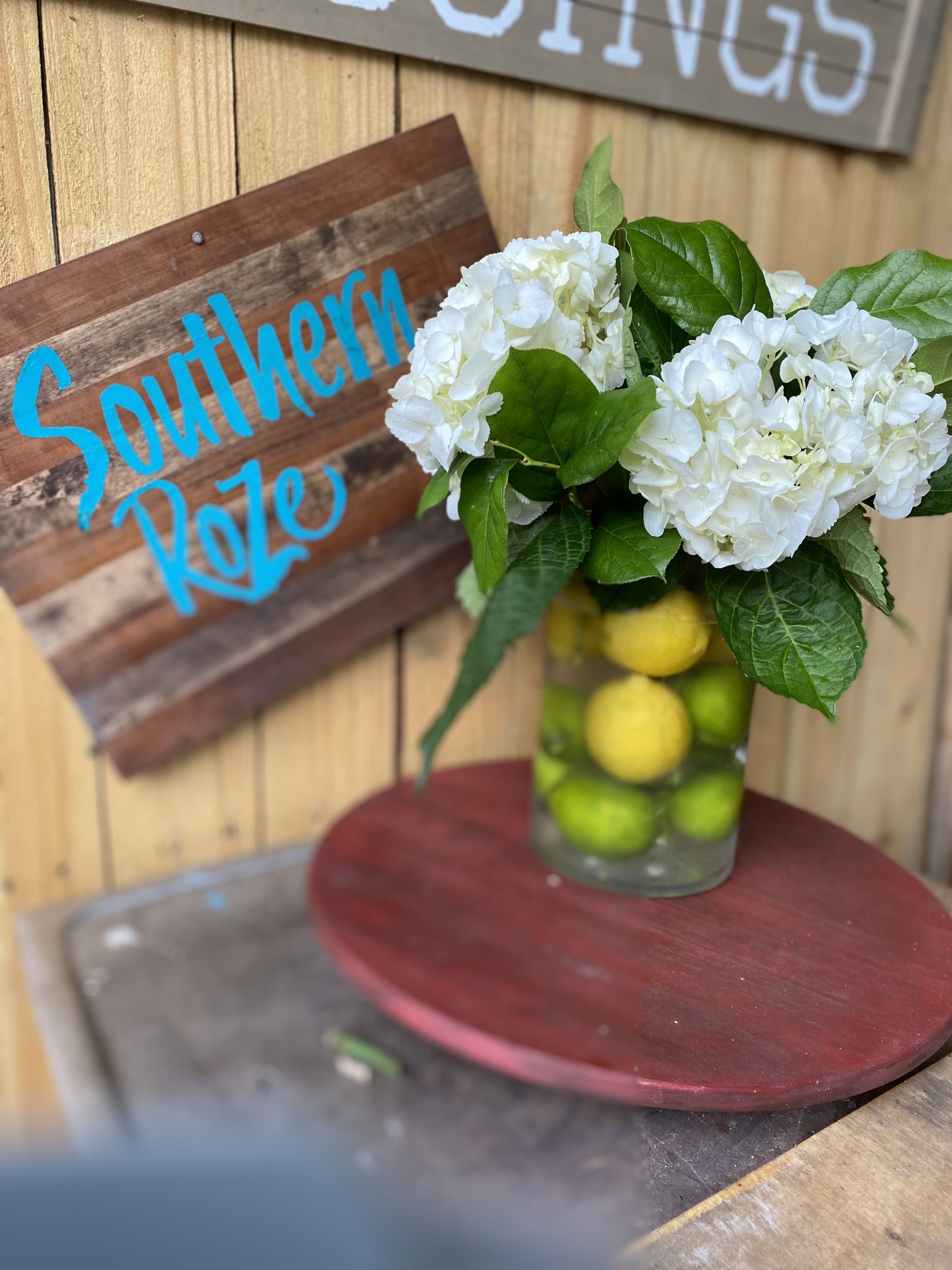 Twisted Pop! - Twisted Pop is an adorable arrangement with lemons &amp; limes incorporated with Beautiful Hydrangeas!  What an awesome Florida arrangement!