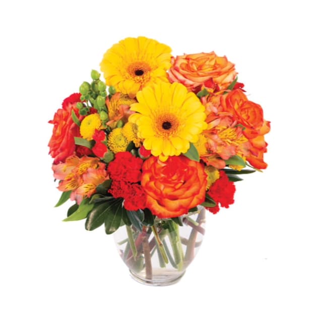 Amber Awe - Send Amber Awe to bring a burst bold color to brighten someone's day!. Orange, yellow and red roses, gerberas, alstroemeria, mini-carnations and mums.