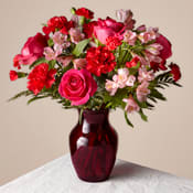 2024 Valentines Day Arrangement  - Carnations, alstromeria, mini carnations, hot pink roses, red roses and leatherleaf.