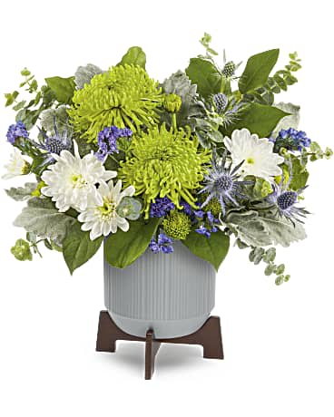 Modern Chic Bouquet - This bouquet features green disbud chrysanthemums, white cushion spray chrysanthemums, green button spray chrysanthemums, blue eryngium, blue sinuata statice, dusty miller, spiral eucalyptus and lemon leaf. 