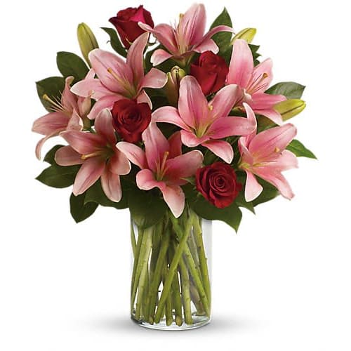 So Enchanting Bouquet - Turn an ordinary day into an enchanting daydream by sending her this magical bouquet! This stunning bouquet of rich red roses and magnificent pink lilies pampers her senses refreshes her spirit and shows her how much you really care. Includes red roses pink lilies and fresh lemon leaves. Delivered in a glass cylinder vase.Approximately 16 1/2&quot; W x 19&quot; H Orientation: One-Sided As Shown : TEV23-5ADeluxe : TEV23-5BPremium : TEV23-5C