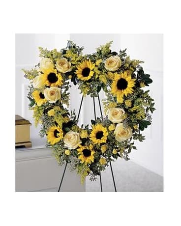 Forever Heart Wreath - Open heart of yellow roses sunflowers miniature carnations &amp; solidago.   FCS34-3181