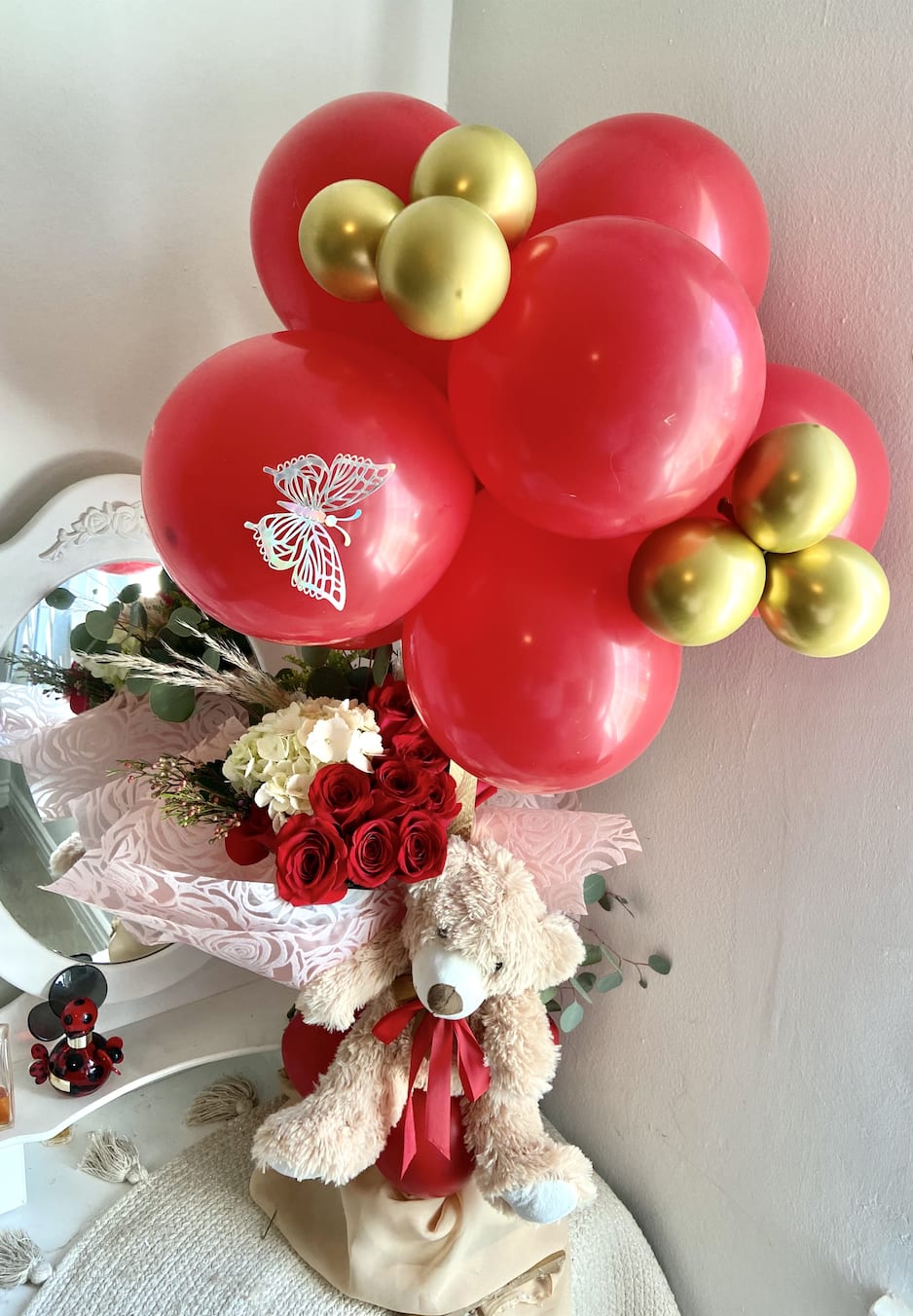 Fluffy Love - I can't buy you happiness but I can buy you the best thing for you-a TEDDY BEAR filled with dozen ROSES and BALLOONS  Another color? No problem!! Please call or text for questions (714)360-5020 
