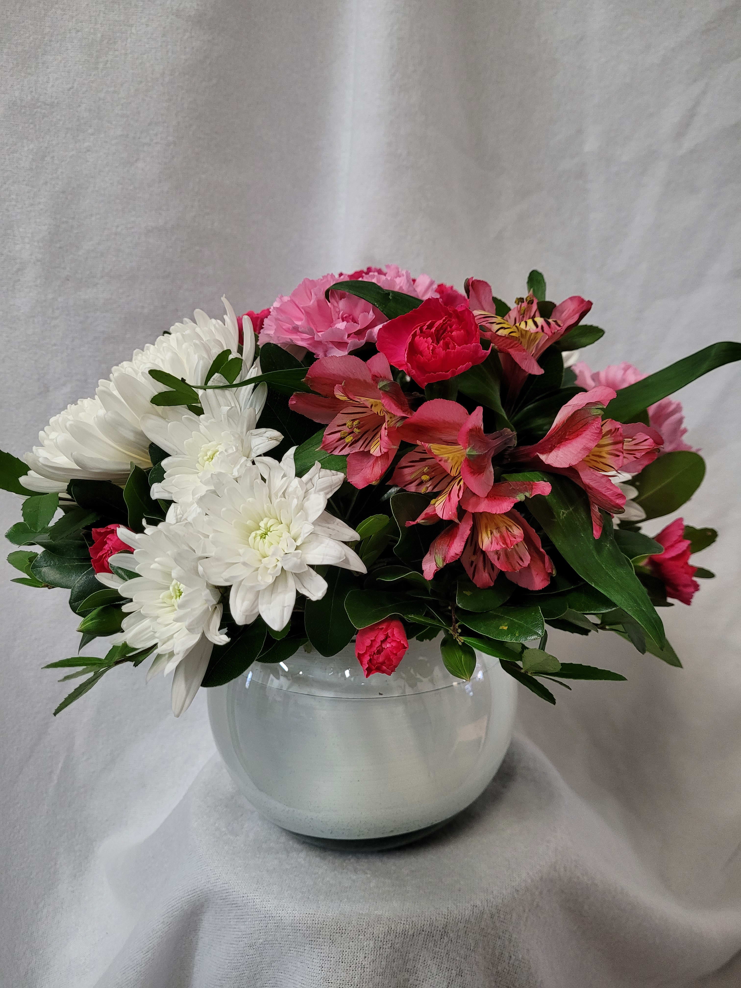 Pink &amp; White Bubble Bowl - This bubble bowl holds white spiders mums, alstromeria, carnations, mini carnations and cushion daisies. The first picture is from the front and the second is from the top.