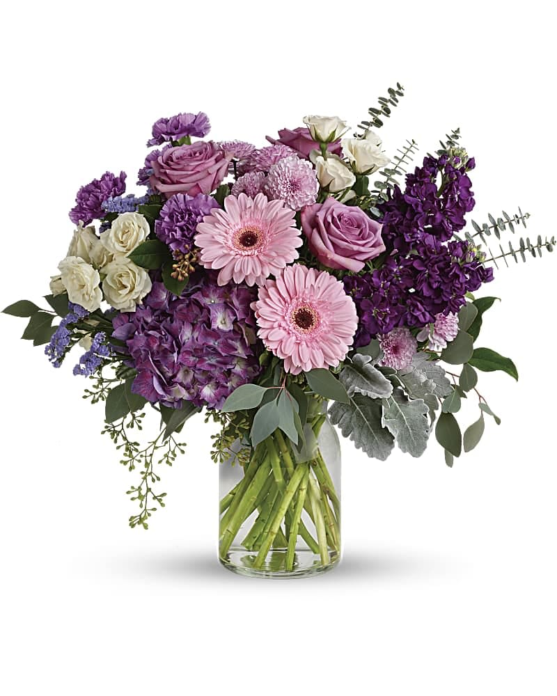 Magnificent Mauves Bouquet - This harmonic mix of deep purple hydrangea with light lavender roses and sweet pink gerberas is a dreamy delight on any occasion. This magnificent bouquet features purple hydrangea lavender roses crÃ¨me spray roses pink gerberas lavender carnations purple stock lavender cushion spray chrysanthemums lavender sinuata statice dusty miller spiral eucalyptus seeded eucalyptus silver dollar eucalyptus and lemon leaf. Delivered in a clear milk jug vase.