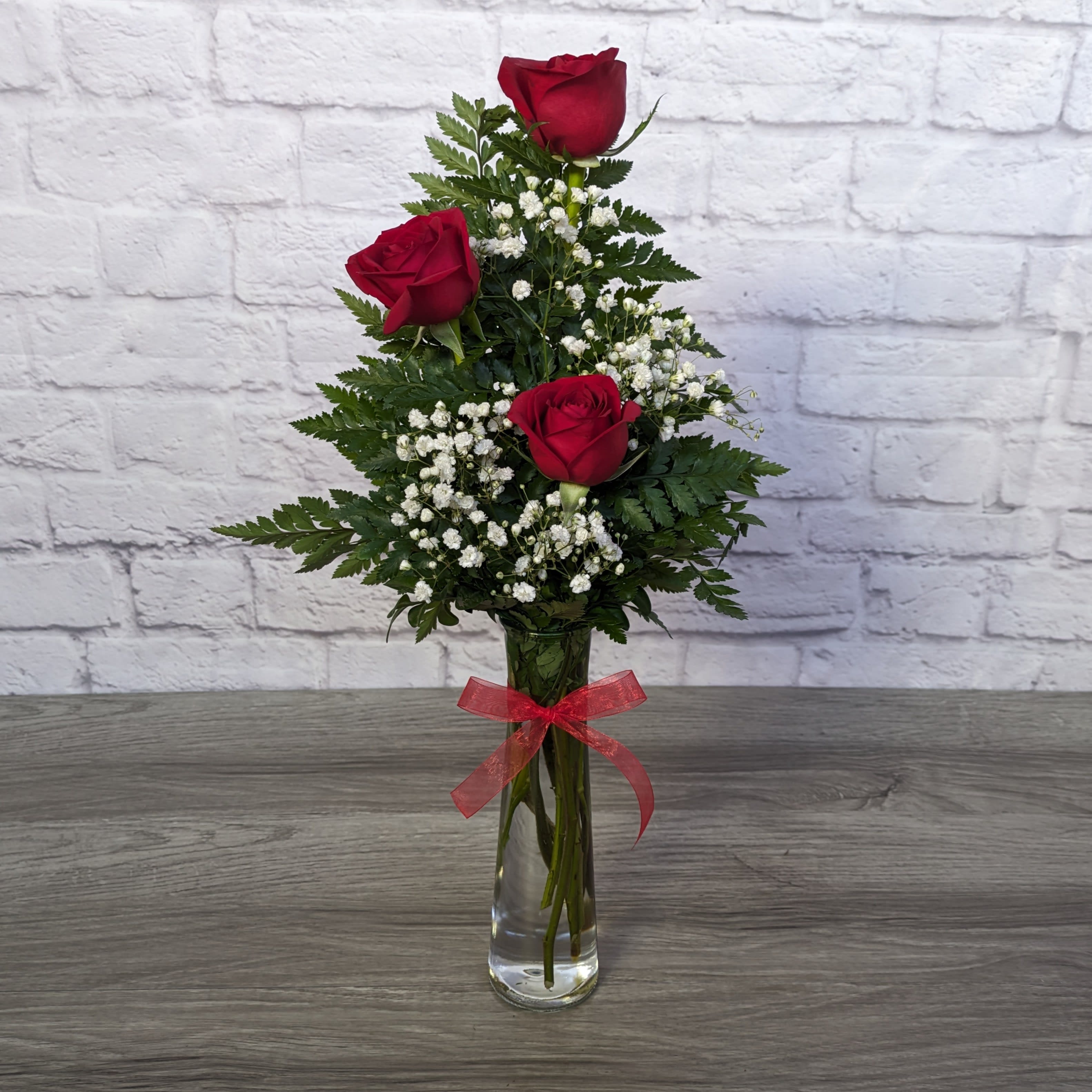 Three Rose Bud Vase - Send a cute and sweet red rose bud vase to your loved one or friend.  Orientation: One Sided 15&quot;H X 5&quot;W 