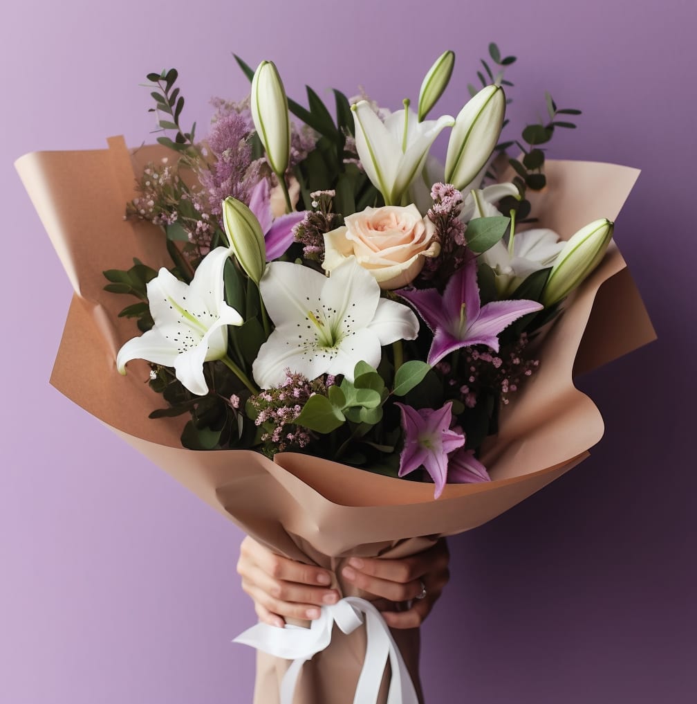 Annabelle - The &quot;Annabelle&quot; bouquet is a graceful medley of white and purple lilies, interwoven with an array of other blossoms to create an enchanting floral arrangement. The white lilies, with their soft, unblemished petals, evoke a sense of pure tranquility, while the purple lilies provide a rich, deeper contrast, their bold hues stirring feelings of admiration and respect. The other flowers in the bouquet add a splash of colors, lending an element of surprise and joy to the ensemble. All these blossoms are elegantly nestled within a rustic brown paper wrap, accentuating their natural beauty