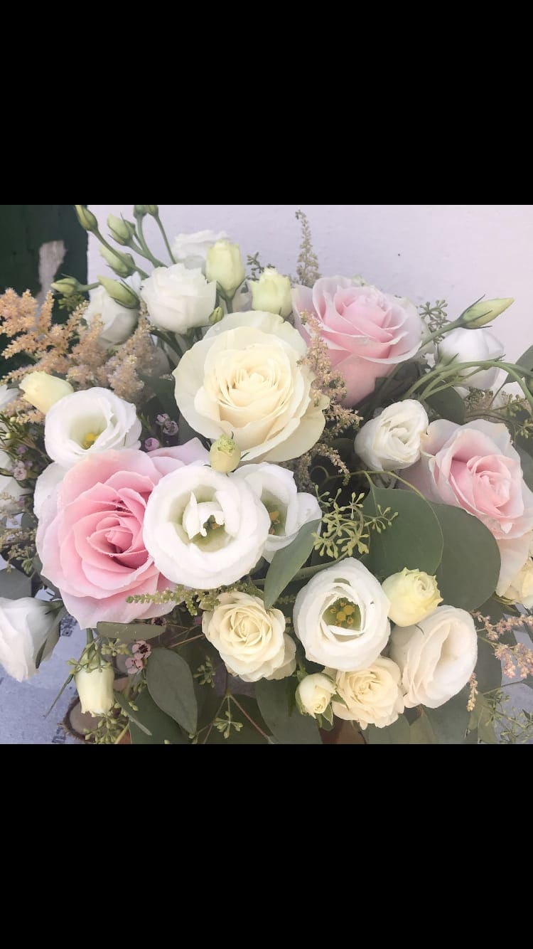 Roses , astilbe, euk, and oth mixed soft colored flowers  - Vase arrangement of soft pinks and whites 