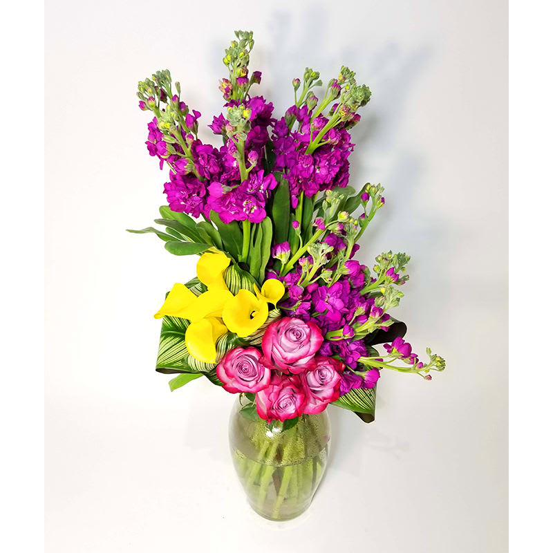 They Whine I Wine - Arragement of Roses, MIni Calla Lilies, Stock and Grenery. 