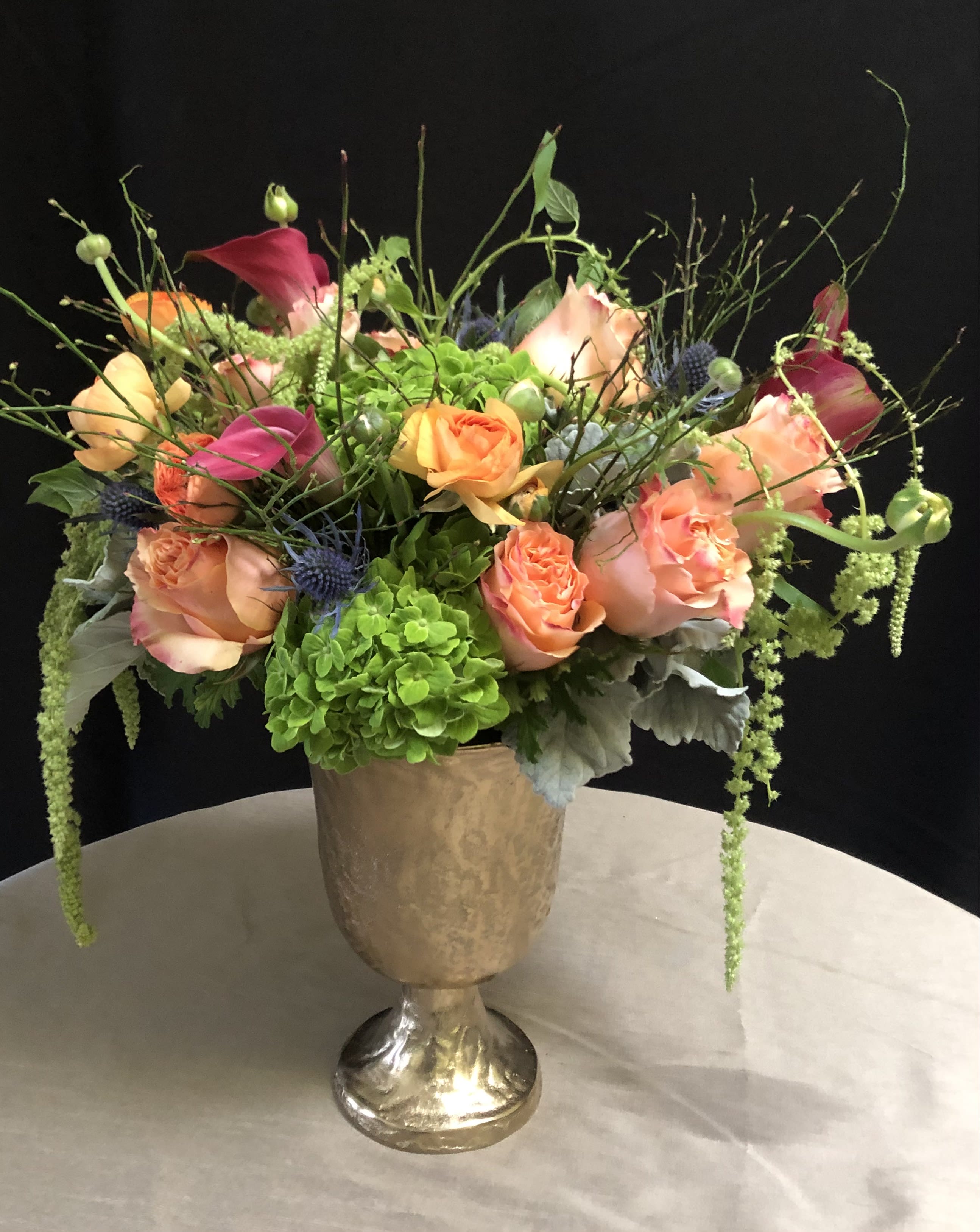 Renaissance #EF77 - Wild and natural mixture of gorgeous flowers in a gold metal pedestal vase, Classic look, still Modern that we all are attracted to these days. 