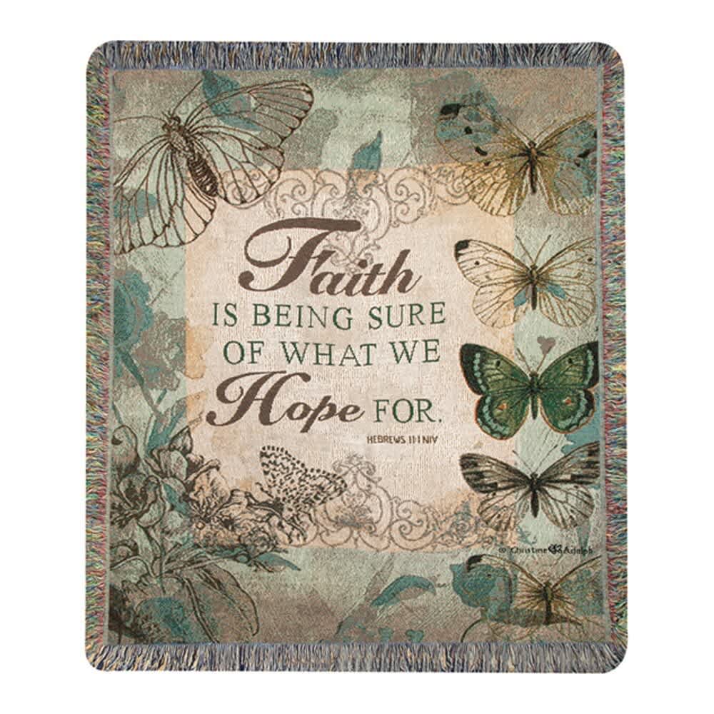 Faith Is Being Sure - Throws will be folded with a bow and your card message. If you would like your throw displayed on an easel, you will need to choose the deluxe version. This heirloom-quality Faith Is Being Sure Tapestry Throw will add boutique charm to your home! Our Tapestry Throws are woven from 100% cotton. The weave is thick, and this versatile 50&quot; x 60&quot; piece can be used as a blanket, bedspread, or wall hanging.