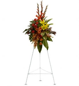  Tropical Tribute Spray  - Tropical highlights balance with lush earth tones to offer hope and encourage reflection - a vivid spray that expresses deep and generous tribute.  A breathtaking assortment of flowers such as yellow asiatic lilies with orange orchids and roses, red gladioli and protea, and yellow chrysanthemums, delivered on an easel.  Approximately 29&quot; W x 46&quot; H  Orientation: One-Sided