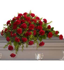  Adoration Casket Spray  - This classic half-couch spray of brilliant red carnations makes a striking and dignified statement.  Radiant red carnations and miniature carnations accented by fresh greenery arrive in a lovely spray.  Approximately 36&quot; W x 27&quot; H  Orientation: N/A