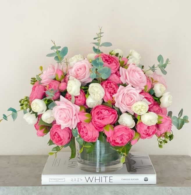 Hannah bouquet Bundle - Fragrant pink mixed blooms. Peonies in season during June, Substitute Garden roses. To include Medium Bear and chocolate  Cylinder keepsake box sub out vase for easy transport  premium shown