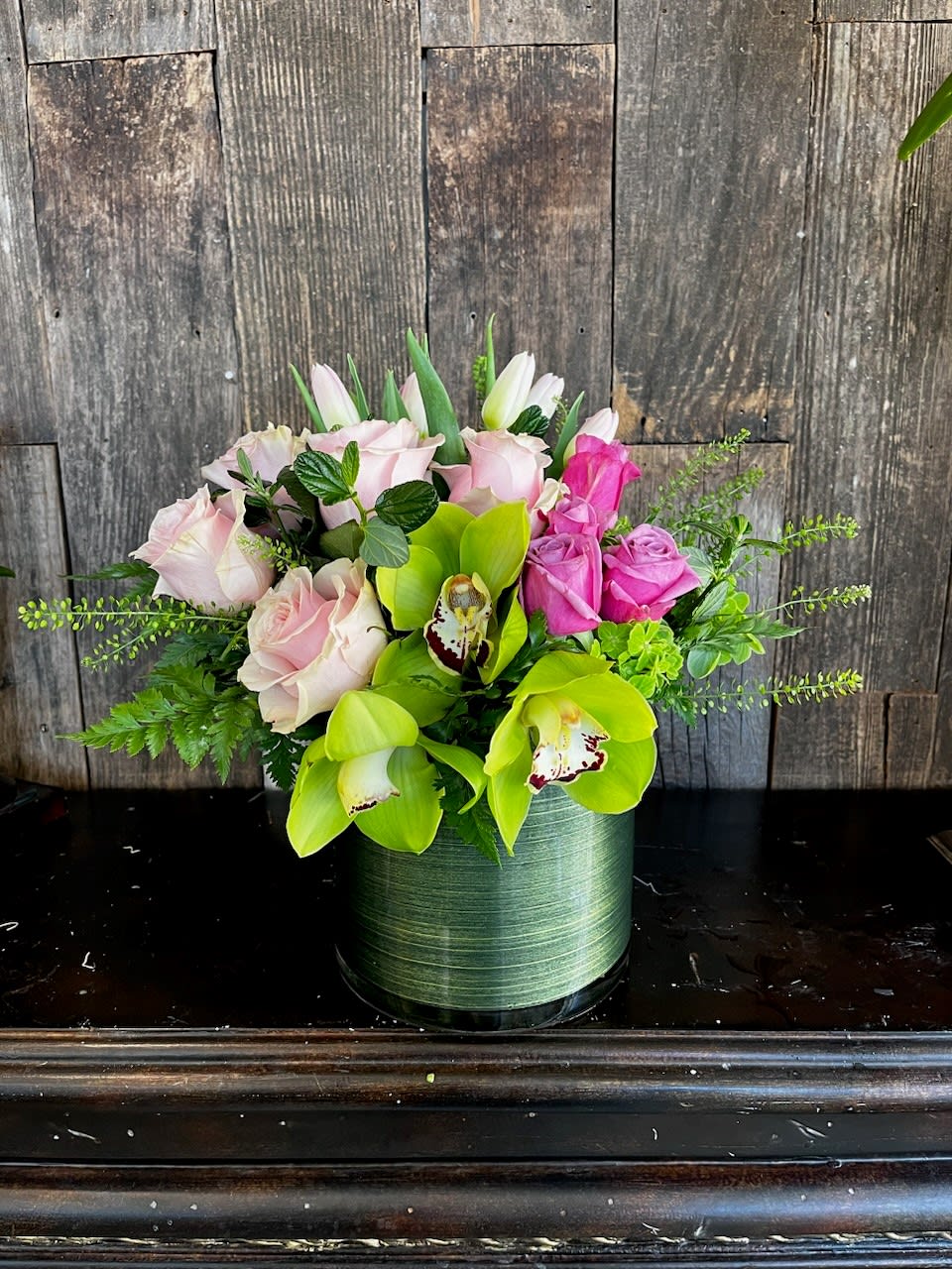 Rhapsody & bliss Bouquet Rhapsody & bliss Bouquet - Rhapsody & bliss Magnificent and magical with its soft pink & Lavender Roses, Cymbidium orchids, roses, Tulips & Hydrangeas. Colors & Flowers could vary depending on availability