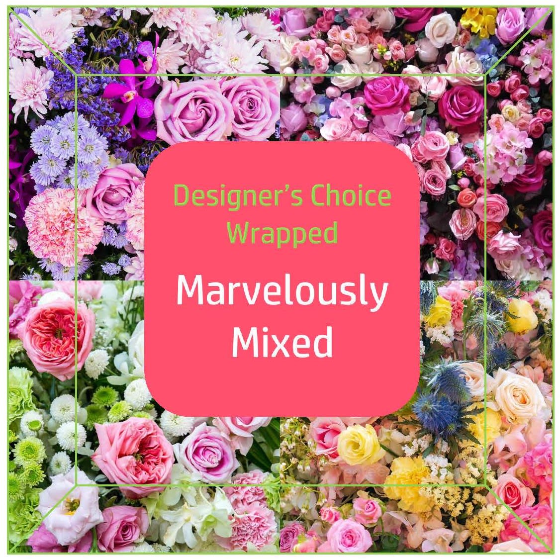 Designer's Choice (Wrapped) Marvelously Mixed - Colors are marvelously mixed together in this made-on-the-spot wrapped floral bouquet filled with an assortment of colorful blooms! Our expert designer will hand-select the freshest of our seasonal blooms and design them into a beautiful wrapped bouquet, all tied together with a lovely bow! (NO VASE) Sizes and colors will vary. If you like a certain color more than another or you want us to avoid any type of flower, please leave a note in the special instructions.