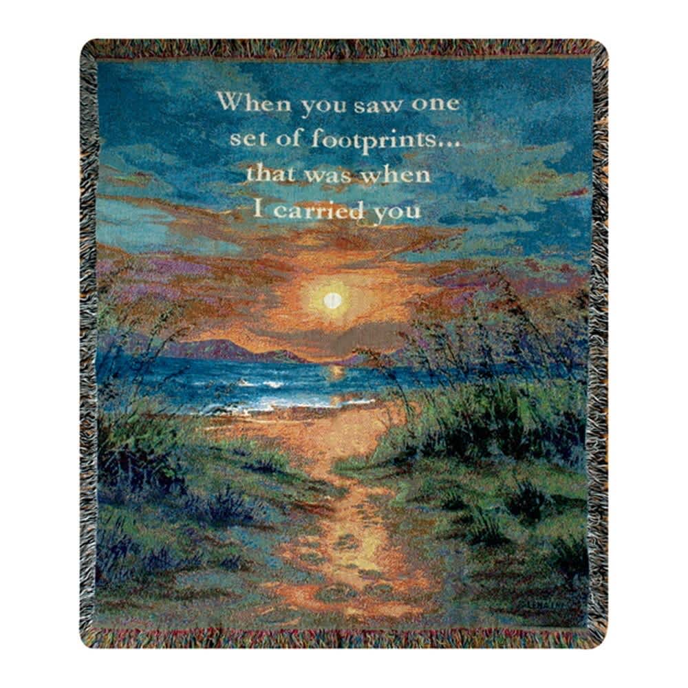 I Carried You Tapestry Throw - Throws will be folded with a bow and your card message. If you would like your throw displayed on an easel, you will need to choose the deluxe version. This heirloom-quality I Carried You Tapestry Throw will add boutique charm to your home! Our Tapestry Throws are woven from 100% cotton. The weave is thick, and this versatile 50&quot; x 60&quot; piece can be used as a blanket, bedspread, or wall hanging.