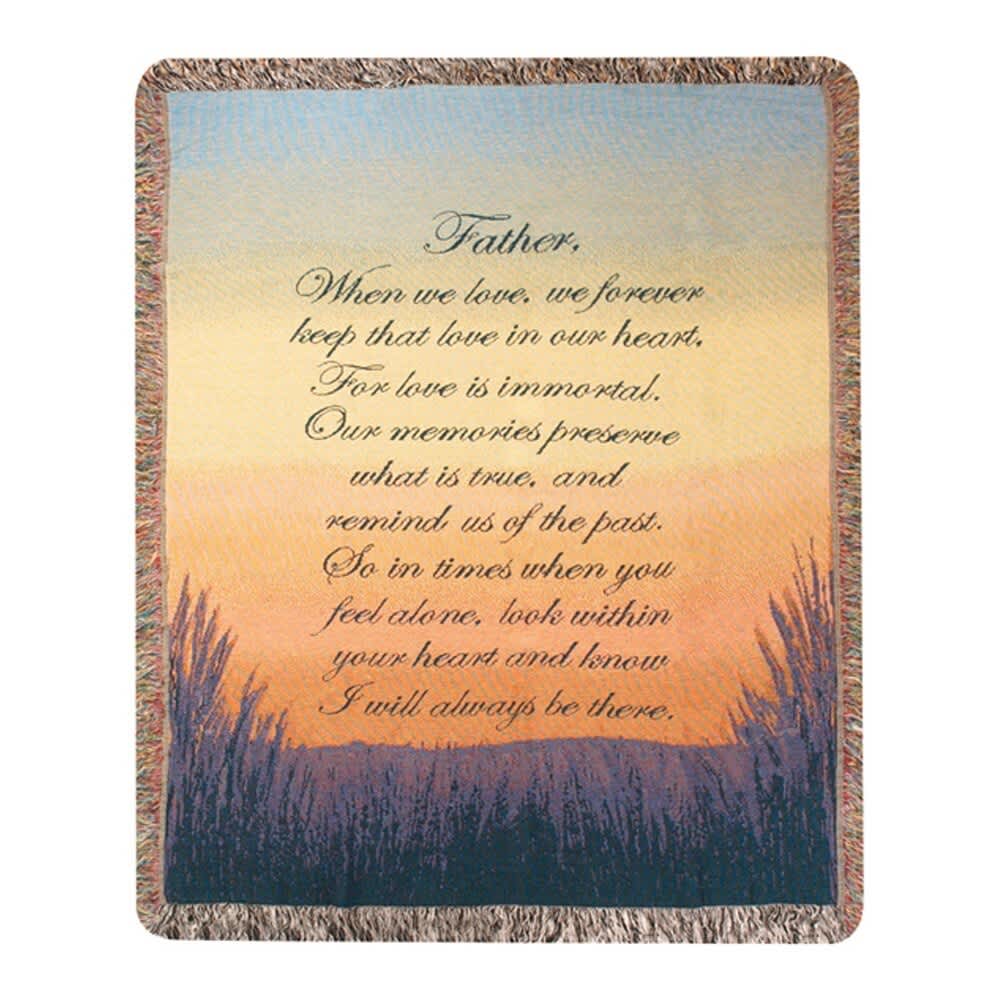Forever A Father Tapestry Throw - Throws will be folded with a bow and your card message. If you would like your throw displayed on an easel, you will need to choose the deluxe version. This heirloom-quality Forever A Father Tapestry Throw will add boutique charm to your home! Our Tapestry Throws are woven from 100% cotton. The weave is thick, and this versatile 50&quot; x 60&quot; piece can be used as a blanket, bedspread, or wall hanging.