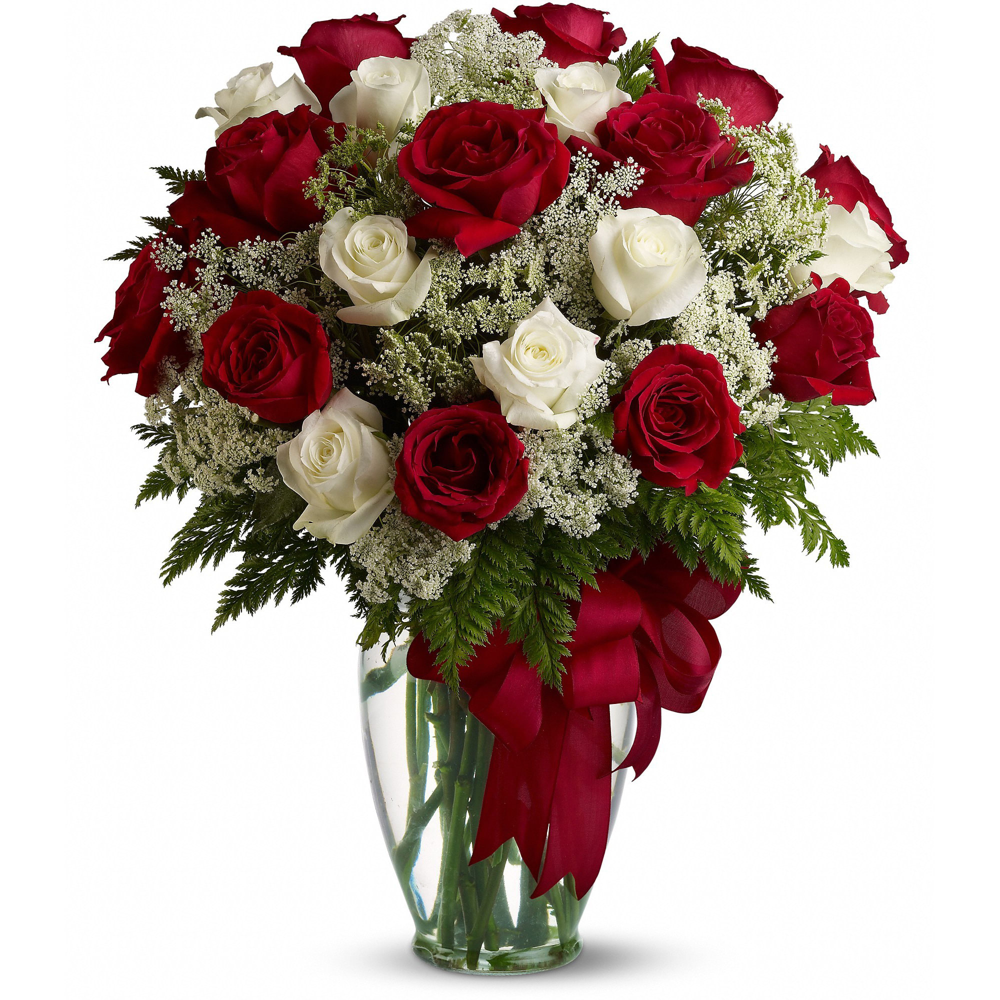 Love's Divine Bouquet - Long Stemmed Roses - Love's divine, and roses are too. At almost two feet tall, this beautiful mix of red and white roses - accented with Queen Anne's Lace, and adorned with a bold red ribbon - is a timeless gift for your beloved.  Red and white roses accented with Queen Anne's lace and more are delivered in a glass vase accented with a red satin ribbon.  Approximately 18&quot; W x 23&quot; H  Orientation: All-Around      As Shown : T11Z101A     Deluxe : T11Z101B     Premium : T11Z101C  