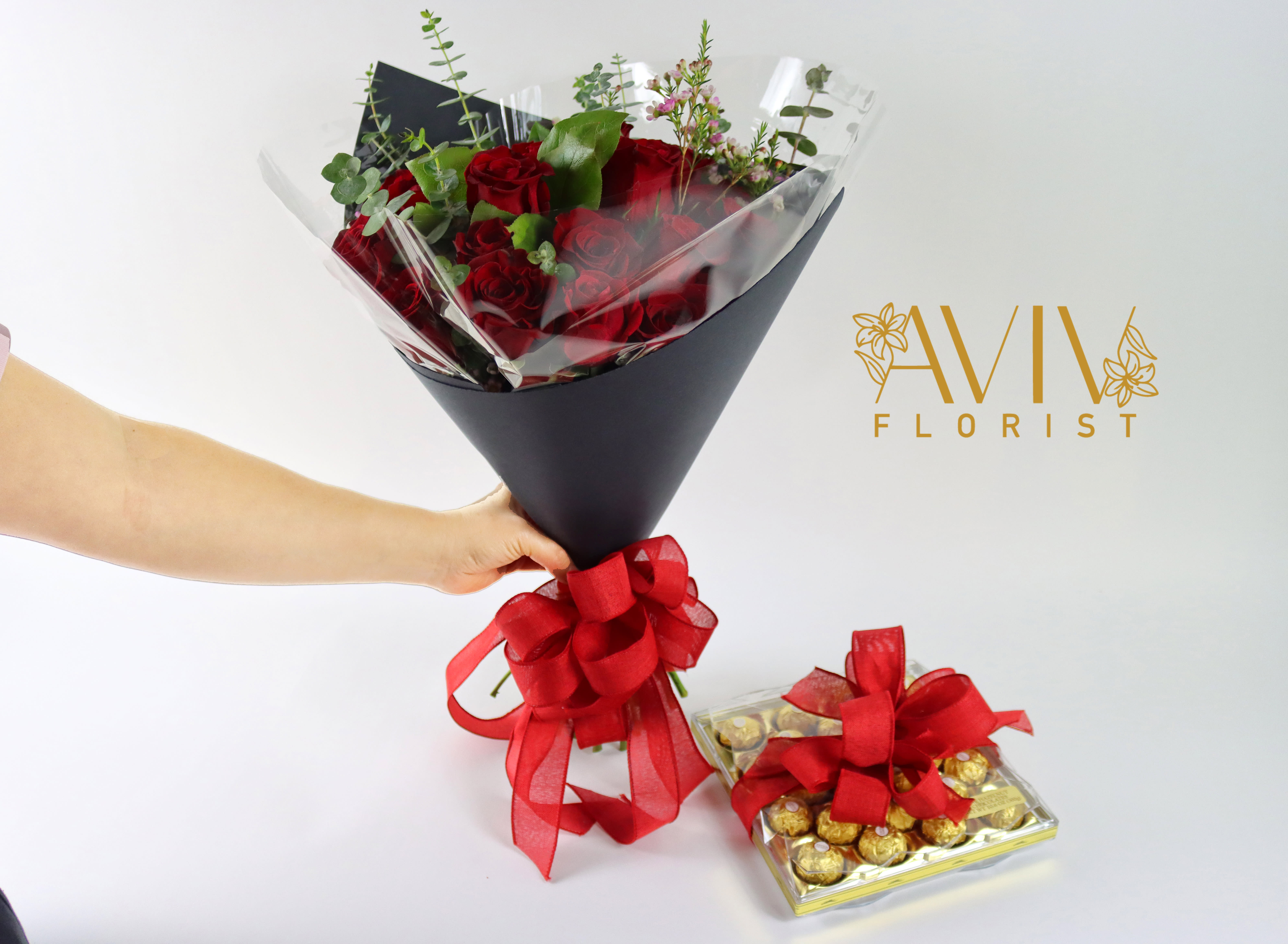 Ultimate 24 Love Roses Wrap &amp; Chocolate Box - Express your ultimate love with our beautiful AVIV Florist signature red roses wrap arrangement designed for that great moment. (Chocolates not included).