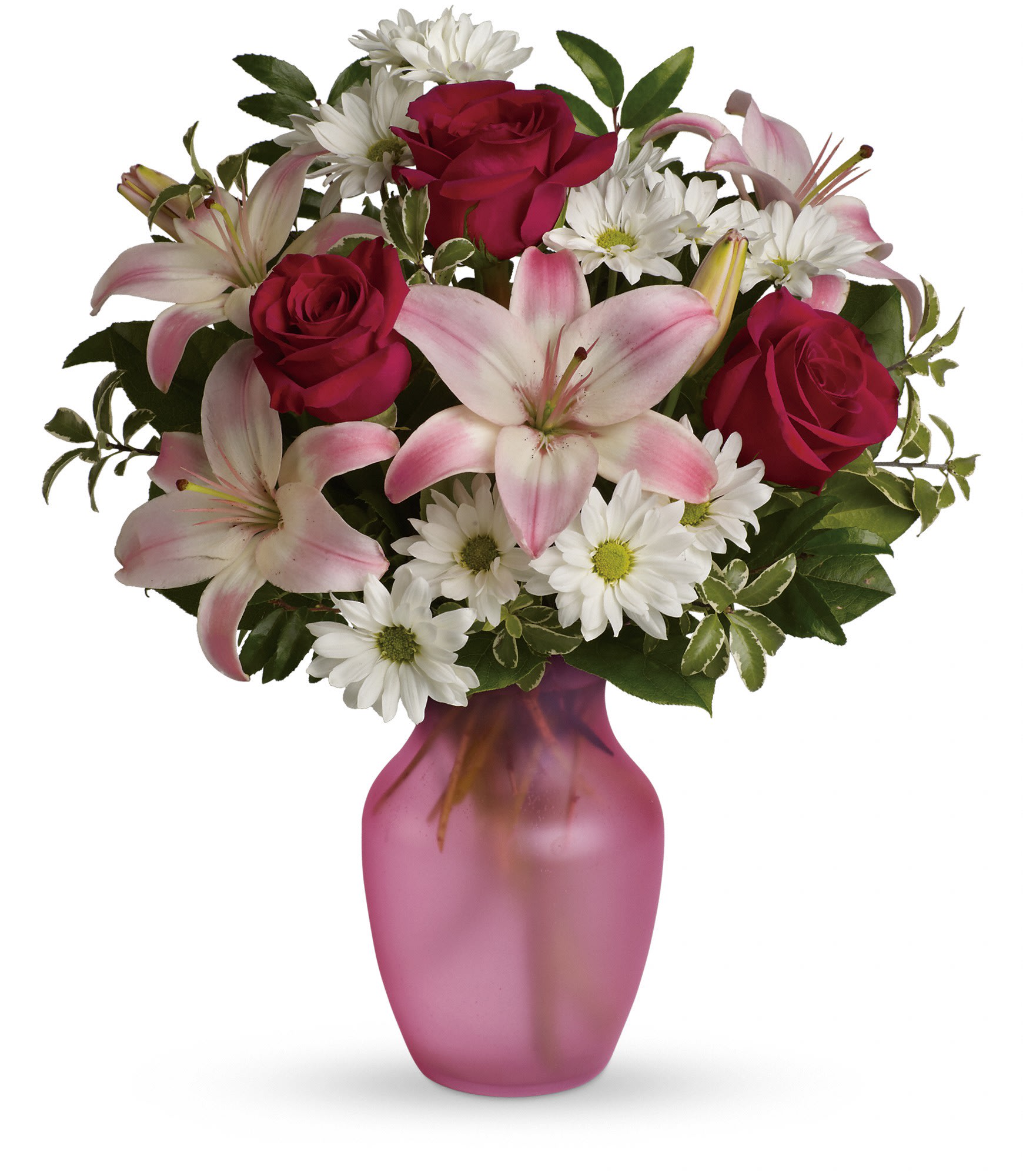 She's the One Bouquet - Your one and only love deserves an equally singular bouquet. Pamper her with this romantic mix of blooms presented in a beautiful matte rose colored glass vase. 
