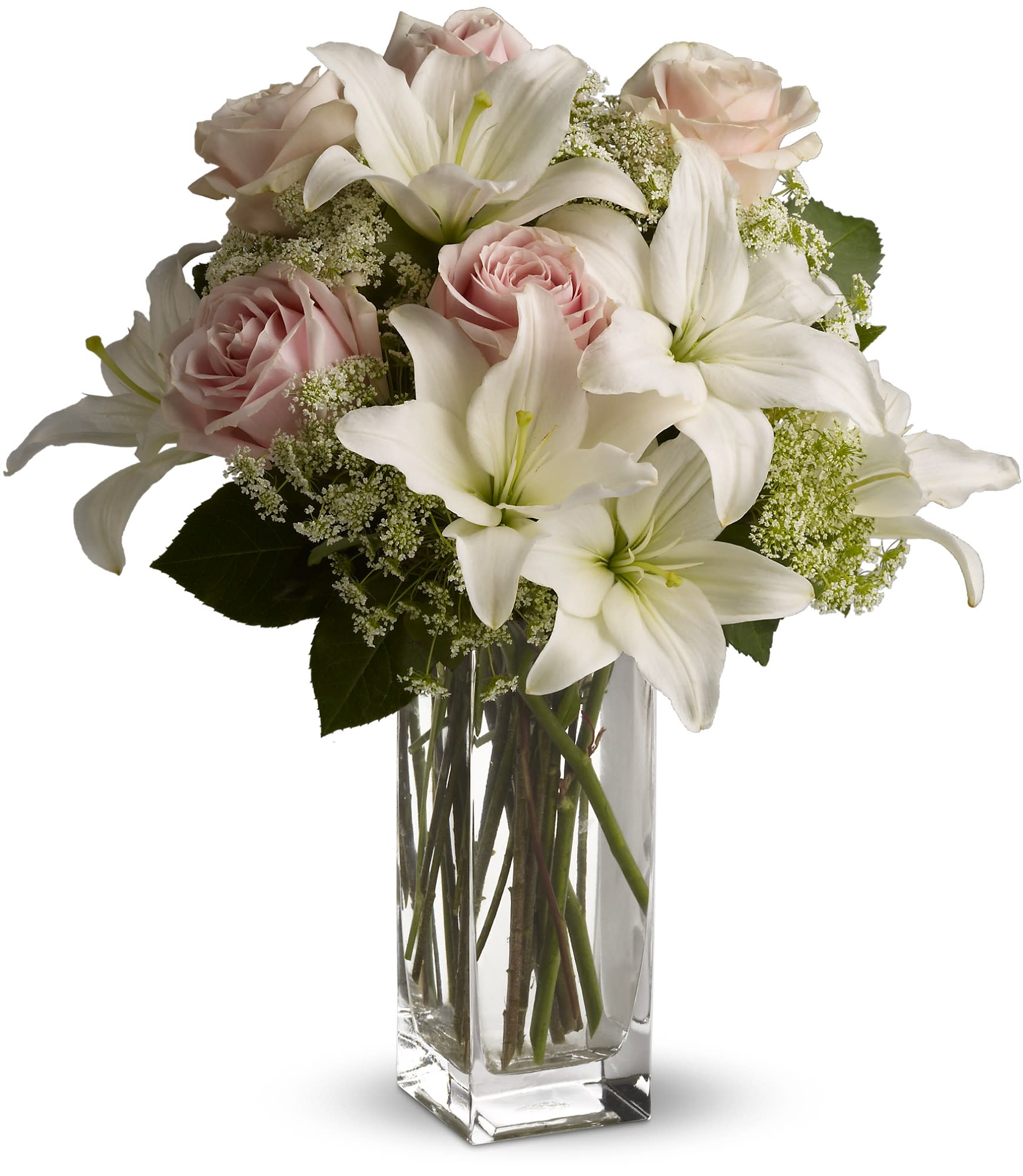 Heavenly and Harmony - Heavenly hues and pretty petals are in perfect harmony in this gorgeous arrangement.     Light pink roses, white asiatic lilies, Queen Anne's lace and salal are beautifully arranged in a glass vase. Heaven sent? Well, someone will think you're an angel for sending it! Approximately 10&quot; W x 18&quot; H 