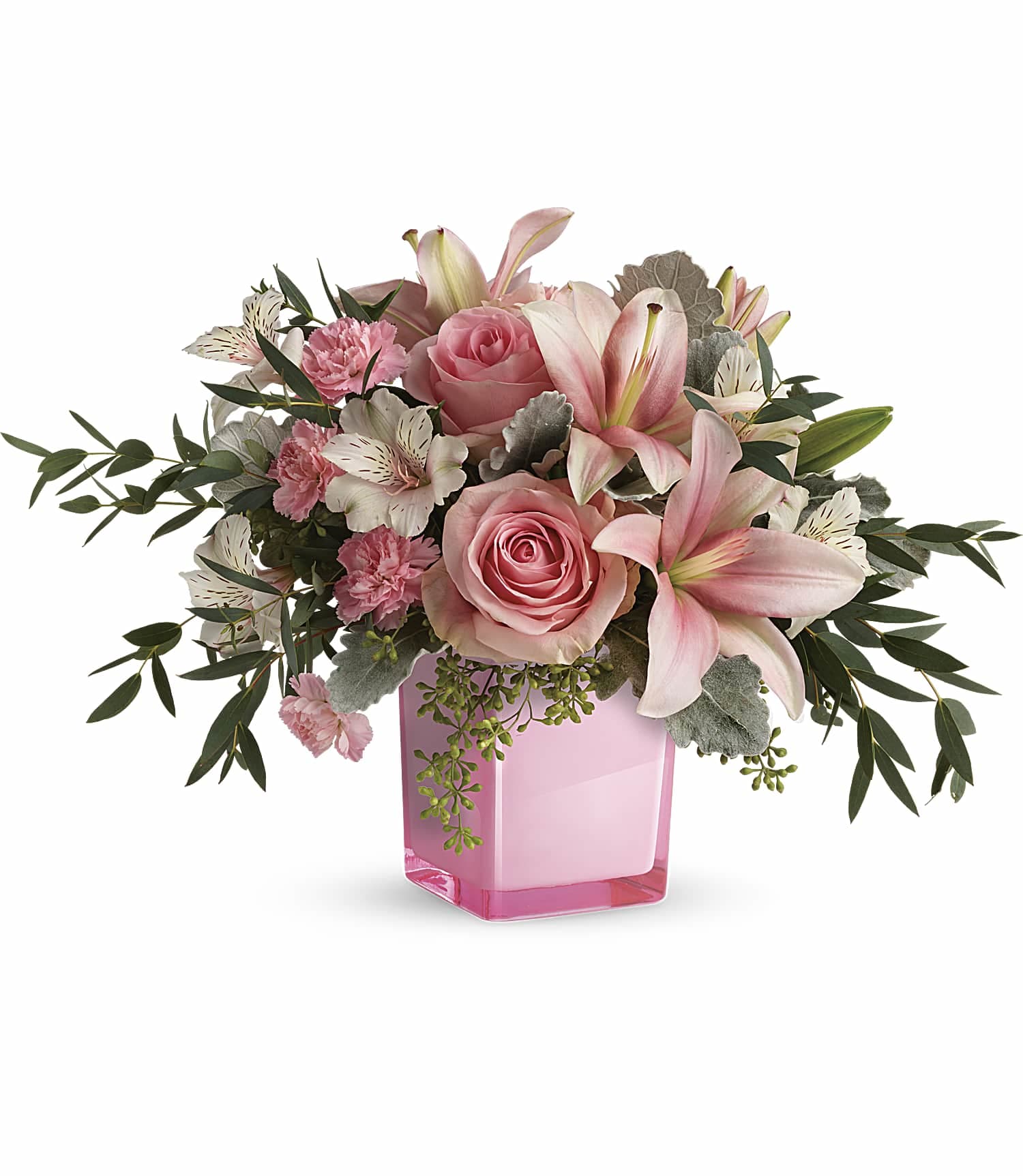 Fabulous Floral - A fabulously divine way to declare your love, or simply brighten a special someone's day, this pinktastic bouquet of roses and lilies is perfectly paired with a perky pink cube vase.  This gorgeous bouquet features pink roses, pink asiatic lilies, white alstroemeria, pink miniature carnations, dusty miller, parvifolia eucalyptus, and seeded eucalyptus. Delivered in a Rose Color Splash Cube. Approximately 17&quot; W x 11 1/2&quot; H 