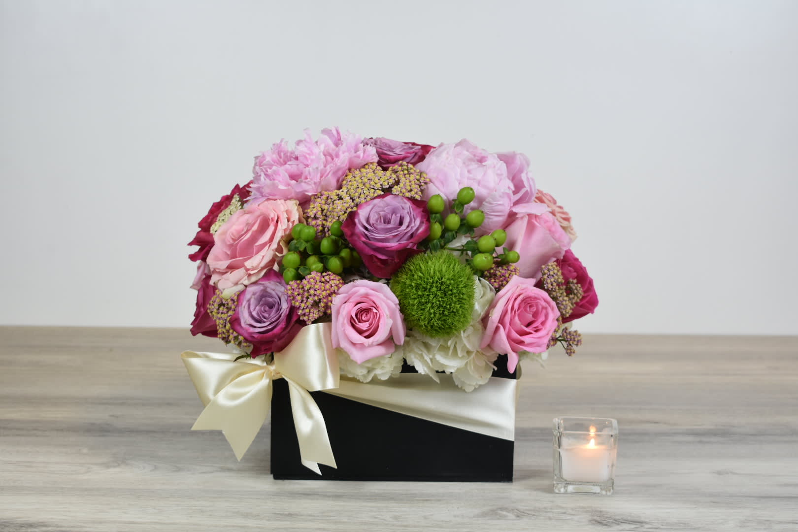 Lady Anne  - Lady Anne comes in a black wooden box  With white hydrangeas, pink and lavender roses, pink peonies, dianthus and green coffee bean   Perfect for  birthday flowers anniversary flower  just because flowers  congratulations flowers  Get well flowers  Christmas flowers Valentines Day flowers Mother's Day flowers
