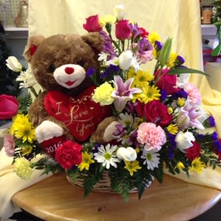 Bear in a fresh cut flower basket - fresh cut flower basket with roses lilies carnations daises and other seasonal flowers with a nice stuffed Bear