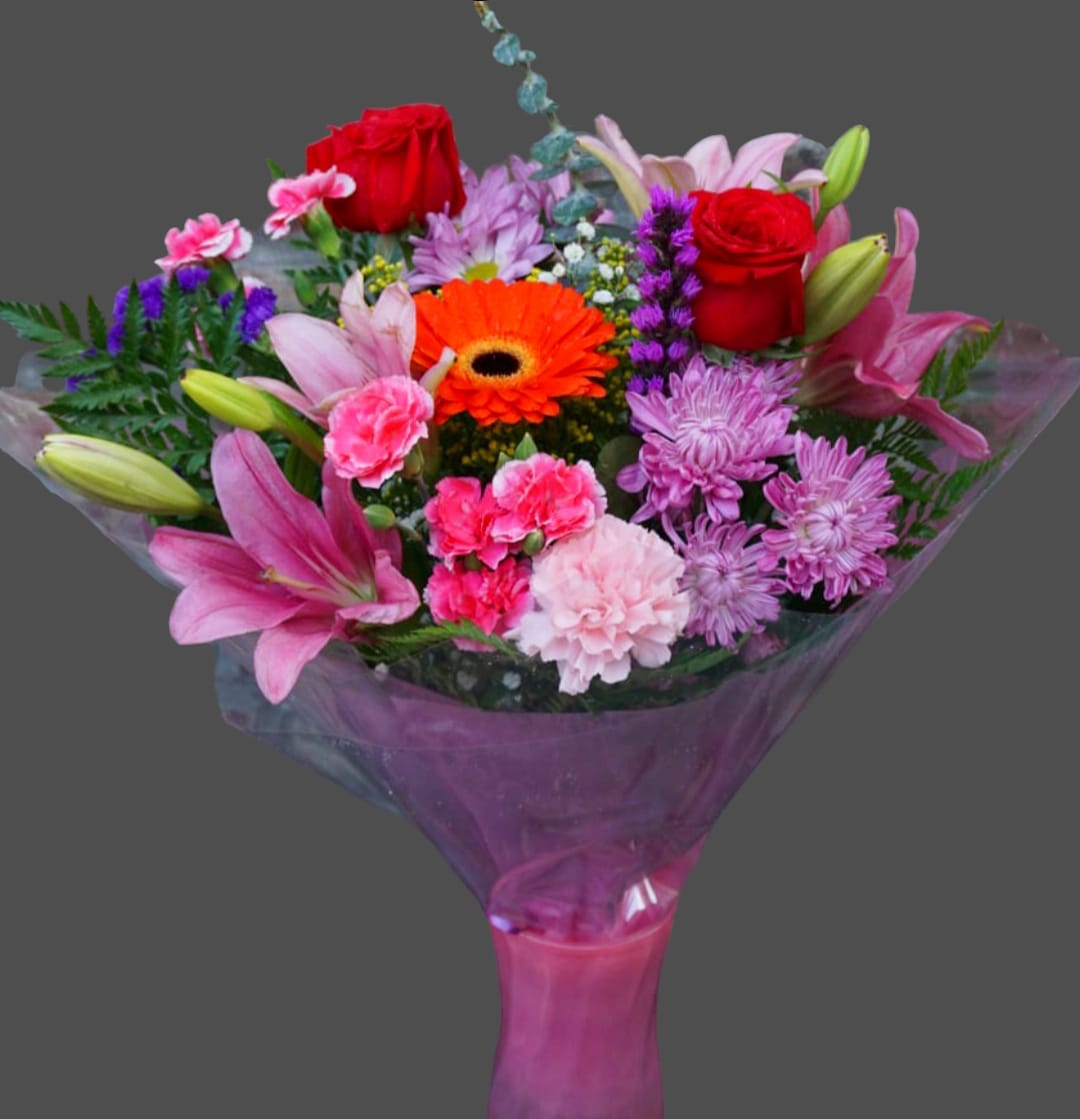 NICE MIXED PASTEL BOUQUET FREE Vase - Nice and beautiful bouquet of pastel flowers, red roses and pink gerberas, purple liatris, pink asiatic lilies, mix of roses and carnations and lilies. Beautiful and sweet smelling bouquet of flowers. Also comes with a free vase.