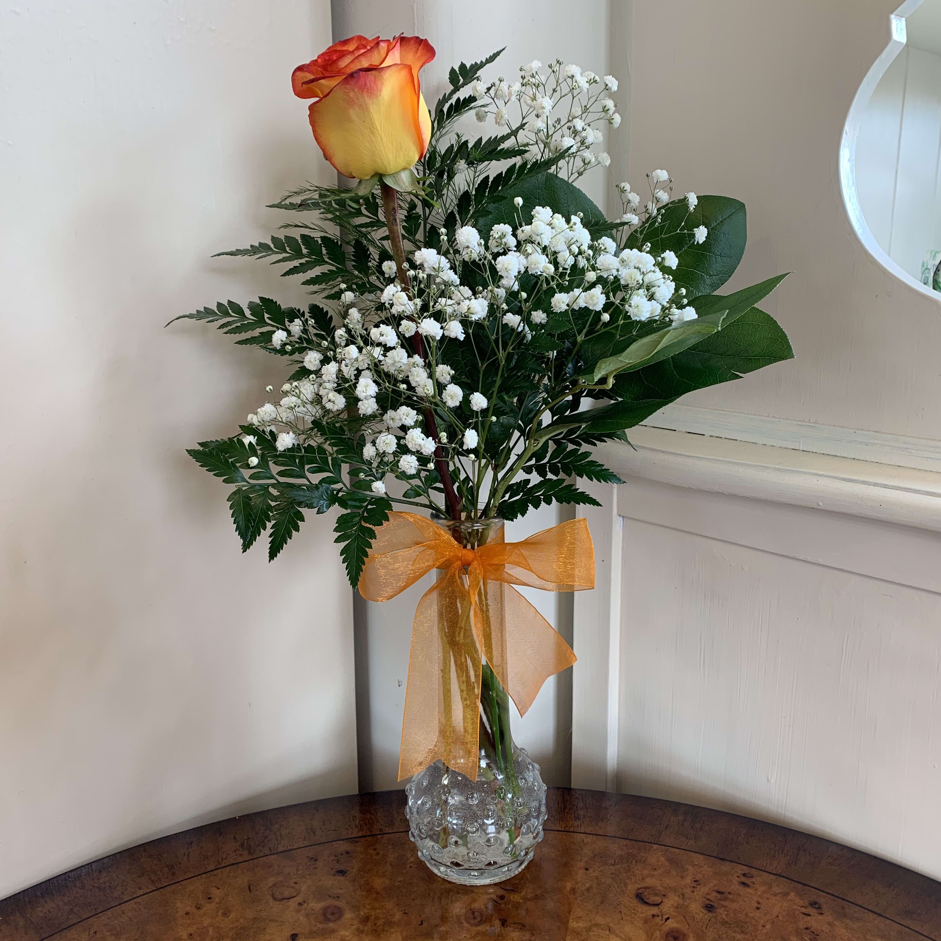 Circus Sweetheart Bud vase - &quot;Circus&quot; rose in bud vase with babysbreath, greens and orange organza bow 