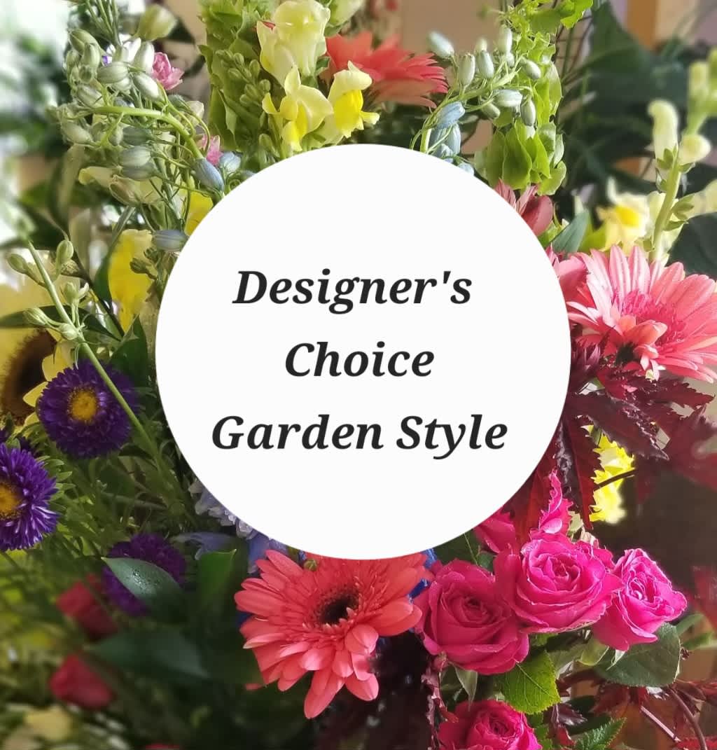 Designer's Choice Garden Style - Assorted flowers designed garden style in a vase with mixed greenery.