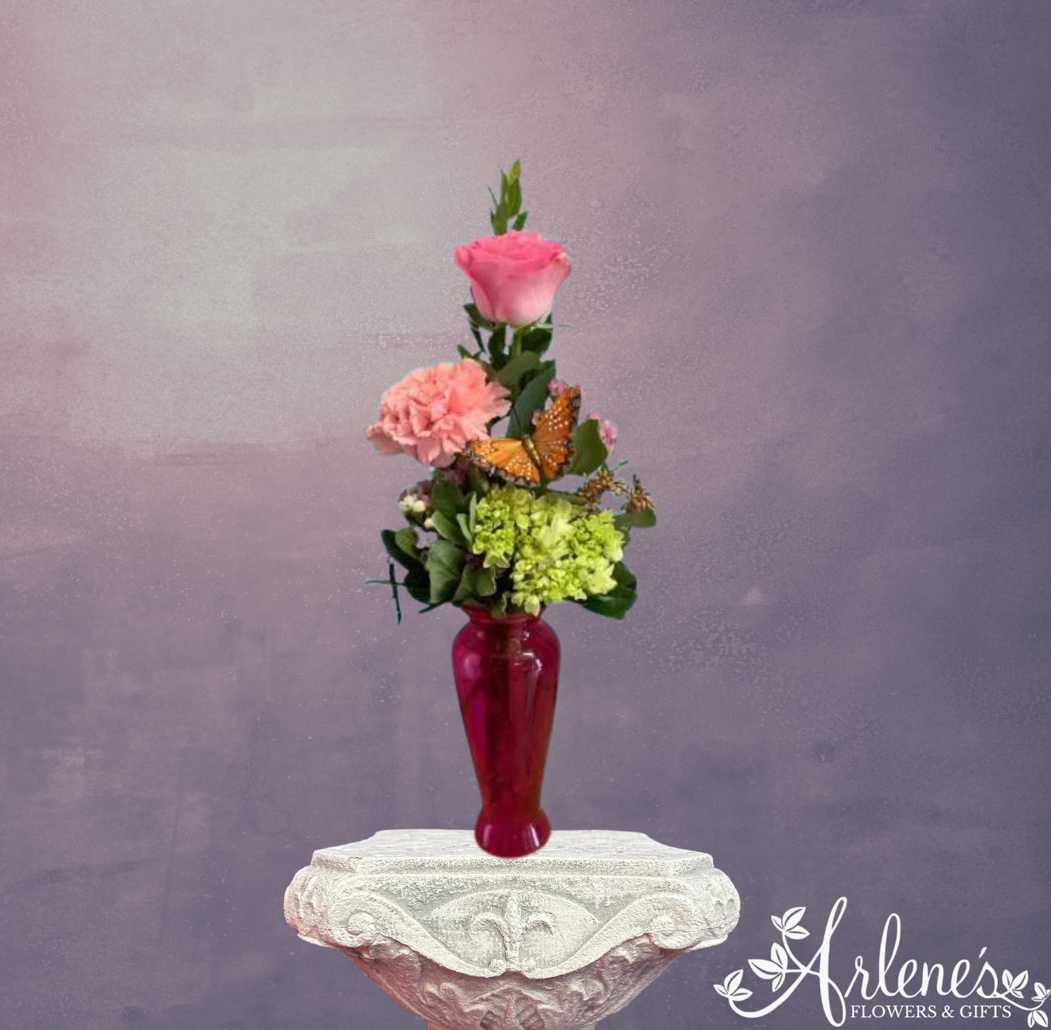 Just a Little Thank You - Red sampler vase that includes green and pink flowers with a butterfly. FLOWER COLORS MAY VARY!