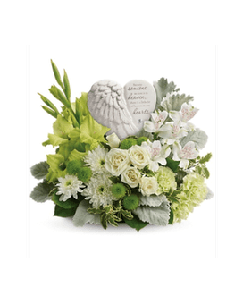 Hearts in Heaven Bouquet Hearts in Heaven Bouquet - White spray roses white alstroemeria green gladioli green carnations green button spray chrysanthemums and white cushion spray chrysanthemums are accented with dusty miller pitta negra and lemon leaf. Delivered with a Heaven's Heart keepsake. Approximately 15 1/2" W x 13" H ONE SIDED. Saying- "Because someone we love is in heaven there is a little bit of heaven in our hearts. Flowers and color may vary depending on availability. As Shown : FCF-T278-4 Available for local delivery only FCF-T278-4