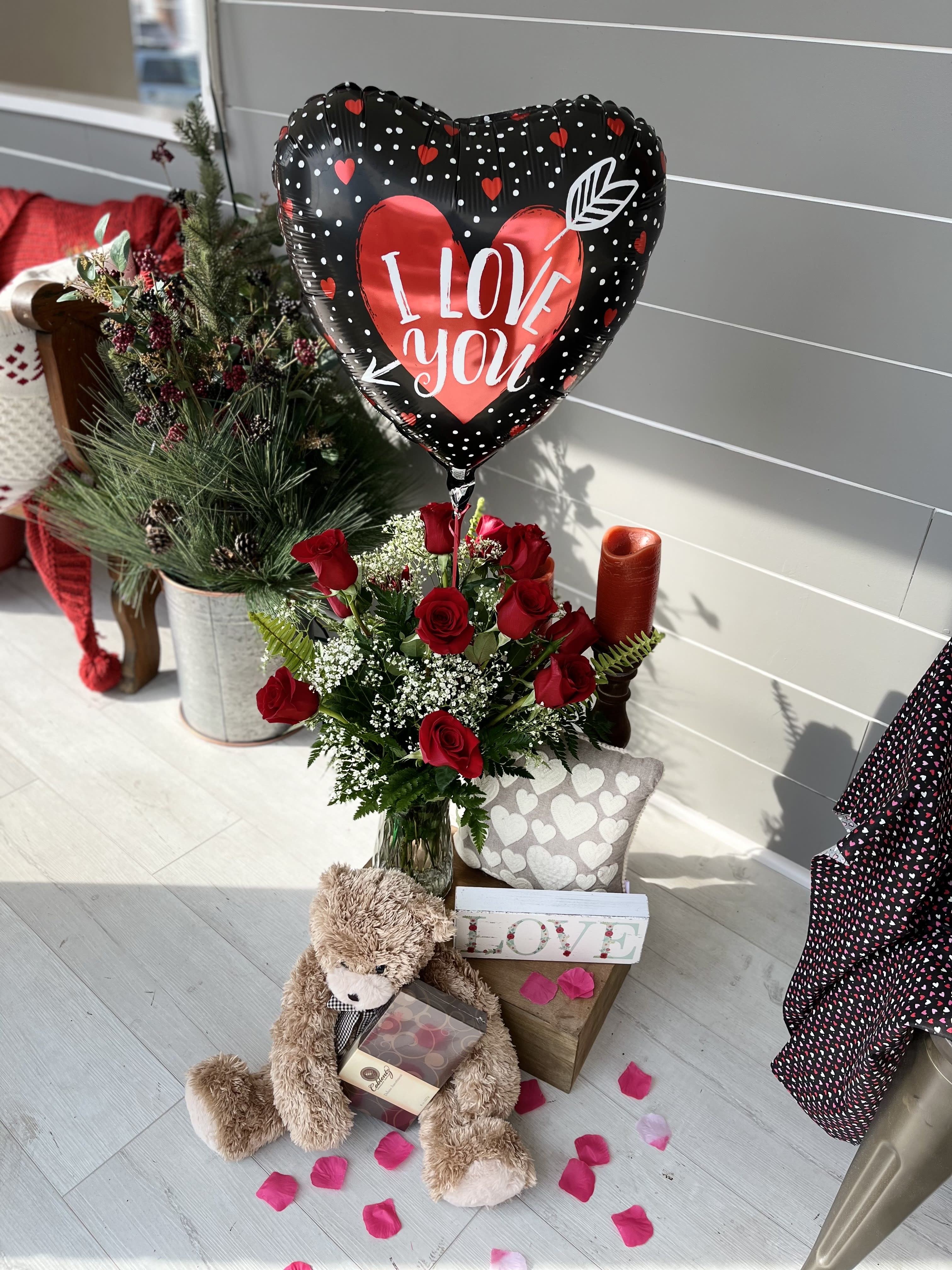 Lots of Love Bundle  - One dozen long stemmed red roses, plush and loveable teddy bear, gourmet chocolate truffles &amp; Valentine's Day balloon 