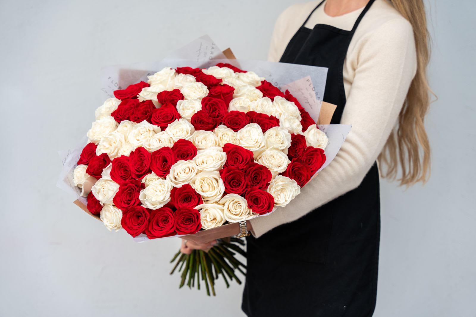 NO. 359 - 75 Red and White Roses - 75 white and red roses Standard size - 75  roses (pictured) Deluxe size - 100 roses Premium size - 125 roses