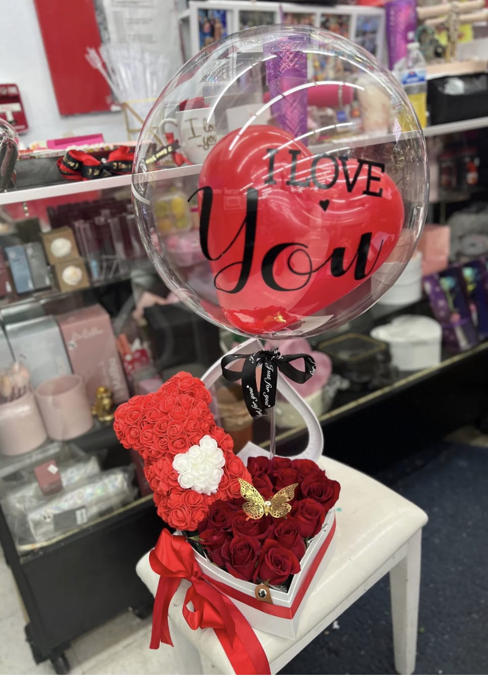 Heart Box with a foamy bear  - Heart box set with roses and a rose bear made of foamy . It comes with a bobo balloon . It says I love you but we can make it for birthday or anniversary. Or another occasion let us know in the message section . Before check out . What would you like the balloon to say .