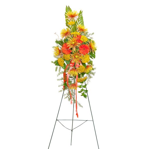 Heaven's Sunset Sm. Standing Spray - An easel spray includes Spider Mums and Gerbera with accents of premium foliage.