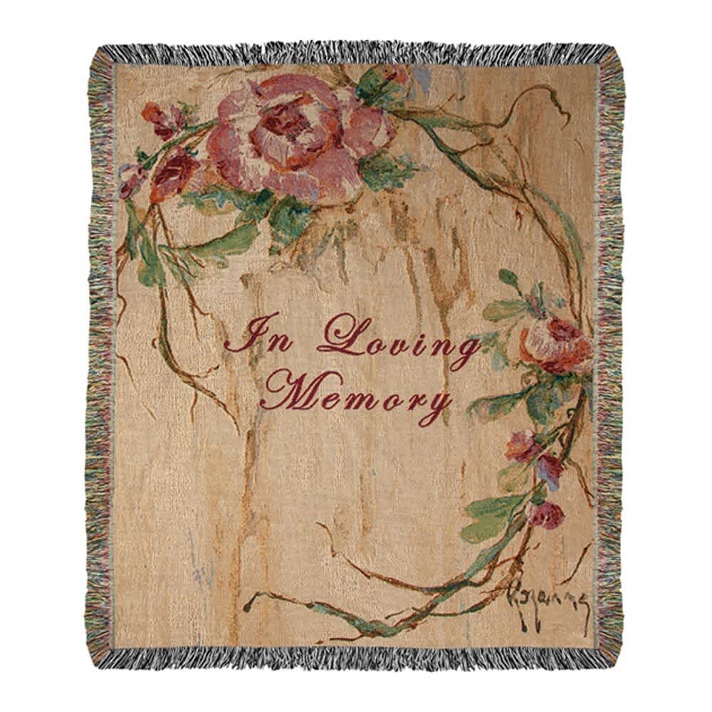 In Loving Memory Rose Tapestry Throw - Throws will be folded with a bow and your card message. If you would like your throw displayed on an easel, you will need to choose the deluxe version. This heirloom-quality In Loving Memory Rose Tapestry Throw will add boutique charm to your home! Our Tapestry Throws are woven from 100% cotton. The weave is thick, and this versatile 50&quot; x 60&quot; piece can be used as a blanket, bedspread, or wall hanging.