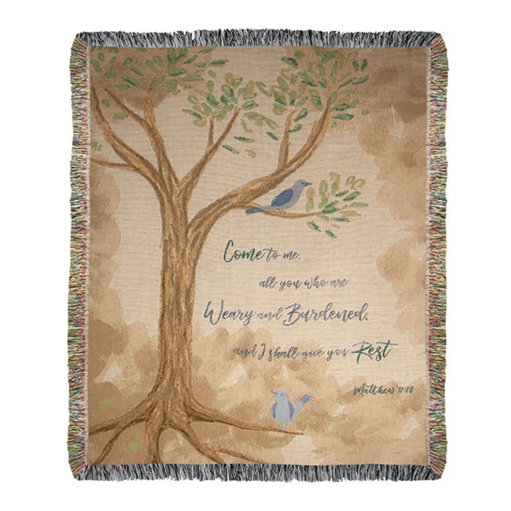 Come To Me All Who Are Weary Tapestry Throw - Throws will be folded with a bow and your card message. If you would like your throw displayed on an easel, you will need to choose the deluxe version. This heirloom-quality Come To Me All Who Are Weary Tapestry Throw will add boutique charm to your home! Our Tapestry Throws are woven from 100% cotton. The weave is thick, and this versatile 50&quot; x 60&quot; piece can be used as a blanket, bedspread, or wall hanging.