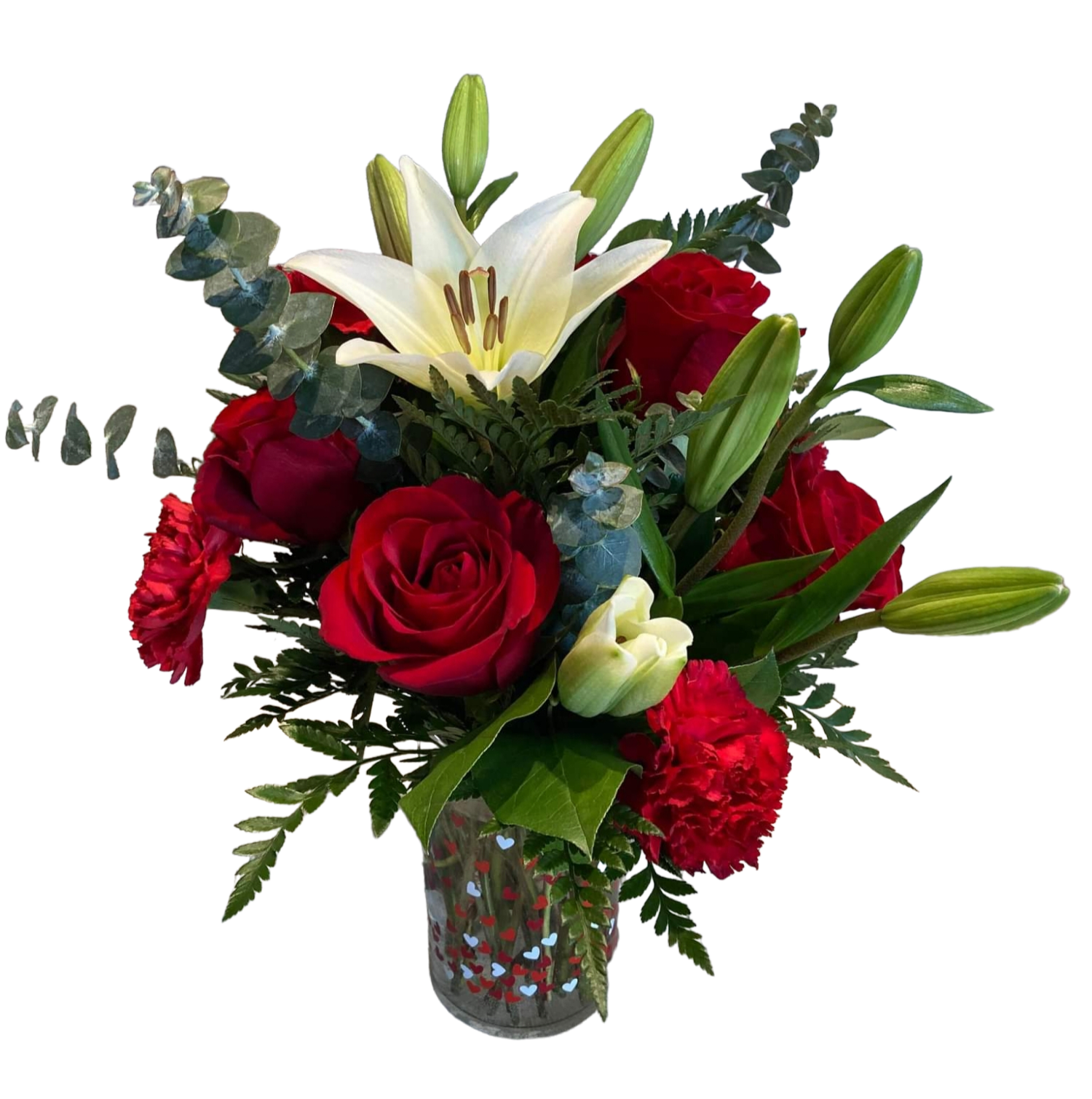 Love Star - Be a Love Star this Valentine's Day with this rockin' design. Beautiful white lilies, roses and carnations make this design POP!
